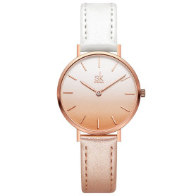 SK Montre pour Femme Ultra Fine et Minimaliste avec Deux Aiguilles et Bracelet en Cuir