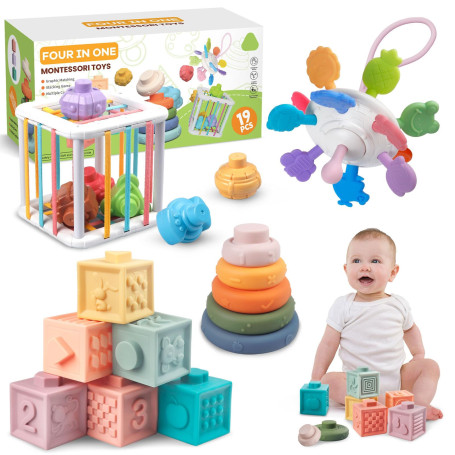 Plunack Jouets Bébés pour 6 à 12 Mois | 4 in 1 Montessori Sensoriel Jouets | Jouet Empilable Bébé | Motricité Cube d'activité Je