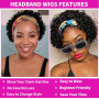 Perruque bandeau cheveux humains pour femmes, Perruque Cheveux Humains bouclée densité 150% Short Curly Headband Wig (noir)