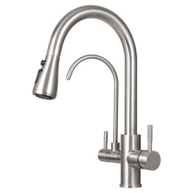 Robinet 3 Voies avec Douchette Extractible & Sortie Eau Filtrée, Robinet de Cuisine à Double Poignée Acier Inoxydable, Rotation 