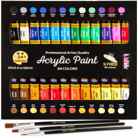 Peinture Acrylique de Kit 24 couleurs avec 3 pinceaux pour fournitures scolaires travaux manuels peintures papier toile peinture