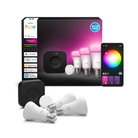 Philips Hue Kit de Démarrage : Bridge Pro + Smart button + 3 Ampoules A60 E27, White & Color Ambiance, Hub Lumière Intelligente,