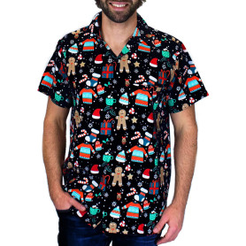 King Kameha Funky Chemise-Hawaienne Noël Homme Coupe-Régulière Manche-Courte Père-Noël X-Mas Pain-D'épices Unisexe