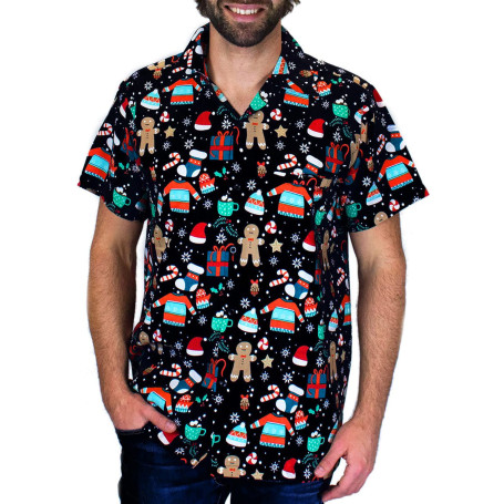 King Kameha Funky Chemise-Hawaienne Noël Homme Coupe-Régulière Manche-Courte Père-Noël X-Mas Pain-D'épices Unisexe