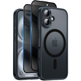 Qasyfanc Coque Magnétique pour iPhone 16 avec 2 Verre Trempé Anti-Espion, Compatible avec MagSafe, Étui Mat Translucide Arrière 