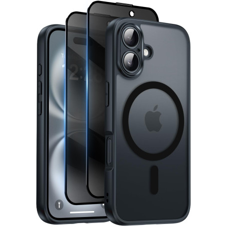 Qasyfanc Coque Magnétique pour iPhone 16 avec 2 Verre Trempé Anti-Espion, Compatible avec MagSafe, Étui Mat Translucide Arrière 