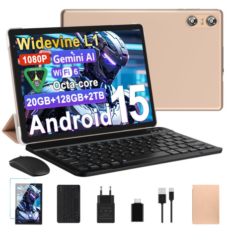 Tablette Android 15 Tablette 10 Pouces 20Go RAM + 128Go ROM(2To Extensible), Octa-Core, GMS Tablette Tactile, WiFi 6, 5G Wi-FI, 
