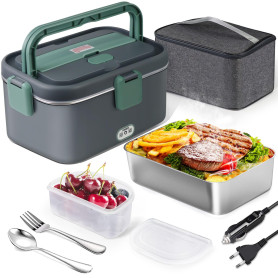AUTOPkio Gamelle Chauffante 1,8L 80W, 12V/24V/220V Boîte à Lunch Electrique avec Sac et Acier Inox Fourchette Cuillère pour Voit