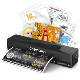 Crenova Plastifieuse A4 à Chaud et à Froid avec 10 Pochettes, Sans Bulles, Idéale pour Maison et Bureau (Noir)