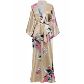 BABEYOND Kimono Femme Long en Satin - Peignoir Léger Imprimé Paon jusqu'à la Cheville