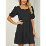 crazy bean Robe Ete Femme Mini Robe à Volants Taille Haute Manche Courte Bouffantes col en Carrée Été de Plage Bohème Chic Éléga