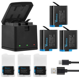 Vemico Hero 8 Chargeur de Batterie Kit 3x1500mah Batterie de Remplacement avec Chargeur USB 3 canaux LED Type-C pour Hero 8 Blac