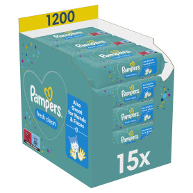 Pampers Fresh Clean, 1200 Lingettes pour Bébé (15x80), Sans Alcool, Aussi Pour Les Mains Et Le Visage