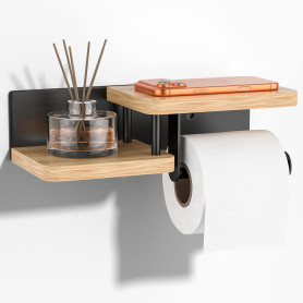 HOMIKLSA Porte-Papier Toilette avec Étagère – Chêne & Acier INOX, Trous de Fixation à vis, Support de Rouleau de Cuisine en Bamb