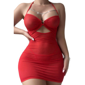 Maeau - Chemise de Nuit Transparente en Maille Femme Col Halter Moulante Sexy Robe Dos Nu Lingerie Babydoll S-XL