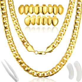 Gejoy Costume de Rappeur Hip Hop, Collier de Chaîne Faux d’Or Collier Chunky avec Plaqué Or pour Bouche Haut Bas Grilles de Dent