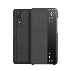 KANSi Coque Compatible pour Huawei P20, Smart View Flip Faux Cuir Coque + Protection Ecran - Noir