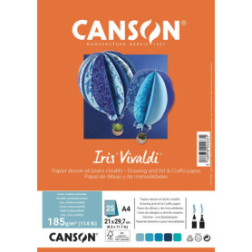 CANSON Iris Vivaldi - Paquet 25 feuilles de papier couleur A4 - 185g/m² - Assortiment de bleu