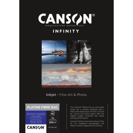 CANSON Infinity - Platine Fibre Rag - Boîte 25 feuilles de papier photo baryté A4 brillant - 310g/m² - Blanc Pur