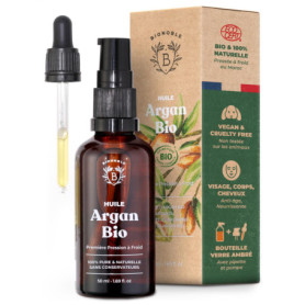 Bionoble Huile d'Argan Bio 50ml - 100% Pure, Naturelle, Pressée à Froid - Bouteille en Verre + Pipette et Pompe - Huile Argan Ch