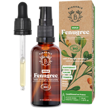 Bionoble Huile de Fenugrec Bio 50ml pour Grossir Poitrine et Fesses - Avec Pipette + Pompe - Bouteille en Verre - Macérât Huileu