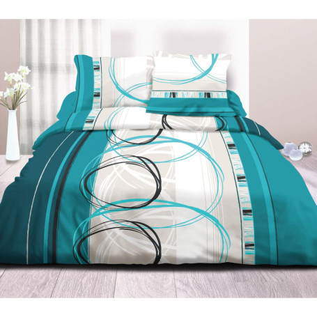 Le linge de Jules Parure Drap Plat + Drap-Housse 140x190 + 2 T - Pur Coton 57 Fils - Roue L Turquoise