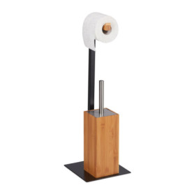 Relaxdays Brosse dérouleur Papier, Ensemble WC, Bambou & métal, Accessoire Toilette, 60x20x20 cm, Nature/Noir, 1 élément