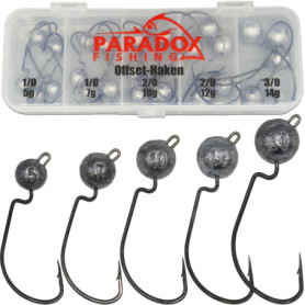 Paradox Fishing Lot de 24 hameçons Offset de qualité supérieure (5 g/7 g/10 g/ 12g 14 g) - 5 ou 4 pièces avec 1- Hameçons Offset