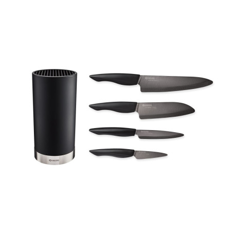 Kyocera KB-RD BK 4KN ZK EU Set de couteaux en céramique avec couteau à éplucher, couteau universel, couteau Santoku et bloc rond