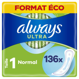 Always Ultra Serviettes Hygiéniques, Taille 1, Normal, 136 Serviettes Sans Ailettes, Flux légers Jour, Format Eco, Max Confort, 