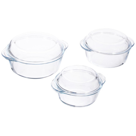 Borcam, 159021, ENSEMBLE DE 6 PIÈCES - 3 Cocottes avec couvercle en verre à mettre sur le dessus, à utiliser au four, en verre b