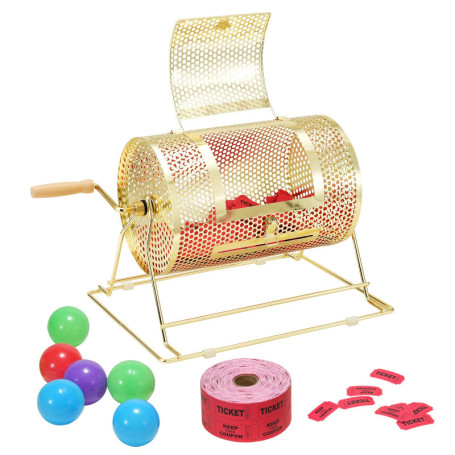 VEVOR Tambour de Tombola Loterie Loto, Capacité 2500 Billets ou 100 Balles de Ping-pong, Cage Jeu de Bingo en Métal, Plaquée en 