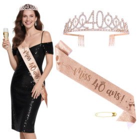 BOOMTOP 40ans Anniversaire Décoration Écharpe Joyeux Anniversaire Miss 40 ans et Couronne Diamant Strass Femme Tiare de Couronne