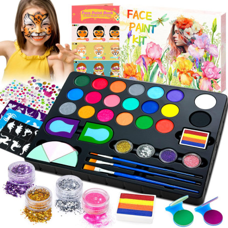 Lubibi Palette Maquillage Enfants, 21 Couleurs Kit Maquillage Enfant, Lavable Peinture Visage Enfant, Avec 3 Pinceaux, 28 Pochoi