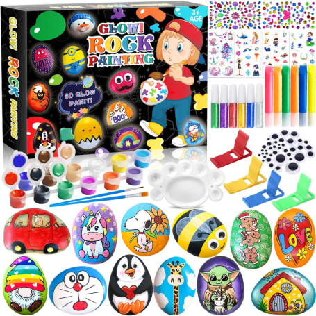 MULEVIP Kit de Peinture sur Roche pour Enfants,Kit Peinture Enfant,12 Galets A Peindre,avec 24 Peintures et Autocollants Peintur