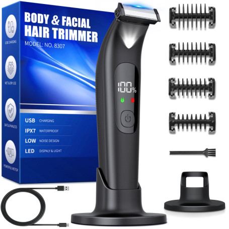 Tondeuse Corps Homme, Tondeuse Intime Homme avec Peigne Limite Réglable, Tondeuse Partie Intime Homme avec Lumière et Affichage 