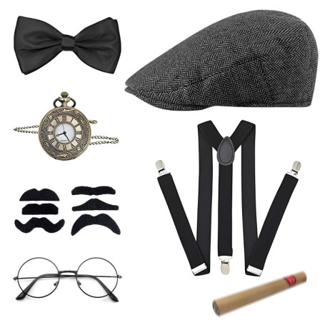 7pcs Accessoire Annee 20 Homme, Great Gatsby Gangster Costume, Années 1920 Déguisement, avec Chapeau Panama Montre de Poche Bret