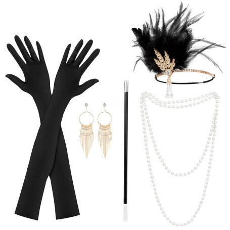 5 Pièces Accessoire Année 20 Femme, Accessoires Gatsby Costume Set, Accessoires Charleston Année 20, avec Flapper Bandeau, Gants