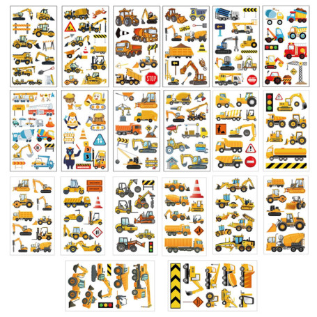 20 feuilles d'autocollants de tatouage de pelleteuse technique de véhicule de dessin animé, autocollants temporaires drôles, aut