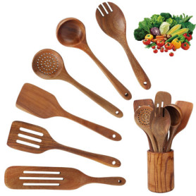 Ustensiles de Cuisine bois de,7 pièces Ustensiles de Cuisine en teck,comprenant un Ensemble de Cuillère en bois Cuisine,une Spat