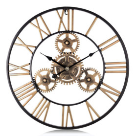 Lafocuse 60cm Horloge Murale Geante Métal, Engrenages Or Industrielle Silencieuse Pendule Murale Chiffres Romains Déco pour Salo