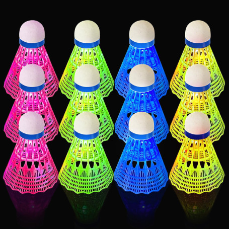 Lot de 12 volants de badminton à LED, 4 couleurs de lumière LED, volants lumineux pour la nuit, badminton, lumières LED, badmint