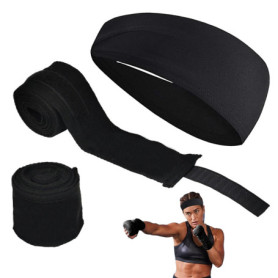 3 Pièces Noir Gants de Boxe Kit, 5m Élastique Bandages de Boxe arec Bandeaux de Sport, Stabilité Bandes Boxe sous Gants pour Hom