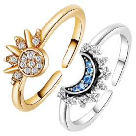 2 Pièces Bague Lune Soleil Kit, Bague Femme Réglable, Bague Anti Stress, Anneaux Ouvert Cadeau pour Femmes, Filles