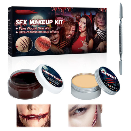 Horuili® Maquillage Halloween Effets Spéciaux, Scar Wax+Sang Artificiel pour la Peau+Double Raclette, Cire Maquillage Halloween,