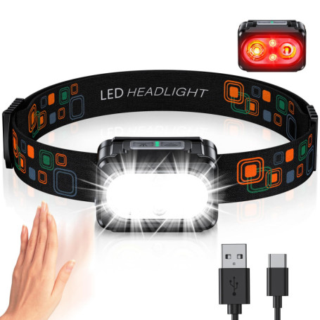 ISEYOU Lampe Frontale LED Ultra Puissante, Lampe Frontale Rechargeable avec Lumière Rouge & Capteur de Mouvement, 5 Modes d'Écla