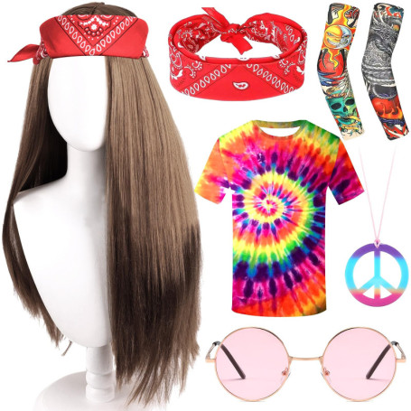 MZJAUVF Déguisement Hippie Homme, Déguisement Année 70, Deguisement Disco Homme, Accessoires Hippie avec T Shirt Perruque Bandea