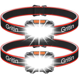 Gritin Lampe Frontale, [Lot de 2] Torche Frontale LED Puissante, 3 Modes d'éclairage, Réglable et Léger, IPX5 Étanche pour Cours