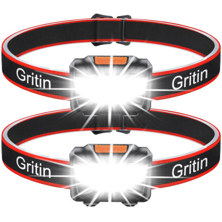 Gritin Lampe Frontale, [Lot de 2] Torche Frontale LED Puissante, 3 Modes d'éclairage, Réglable et Léger, IPX5 Étanche pour Cours