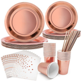 AMJKEJI Vaisselle Jetable Or Rose pour 24 Invités - Assiettes, Gobelets, Pailles, Serviettes en Papier pour Anniversaire, Noël, 